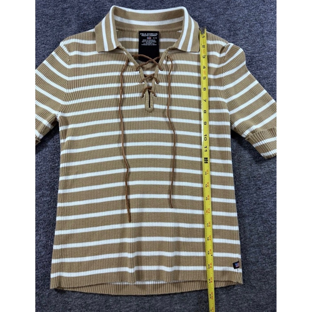 Polo Jeans Co Ralph Lauren Tan White Striped Lace Up Ribbed Knit Top Women M - Picture 5 of 6